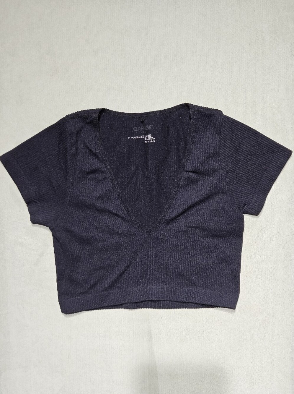 Garage Navy Ribbed V-Neck Short Sleeve Crop Top TP/XS